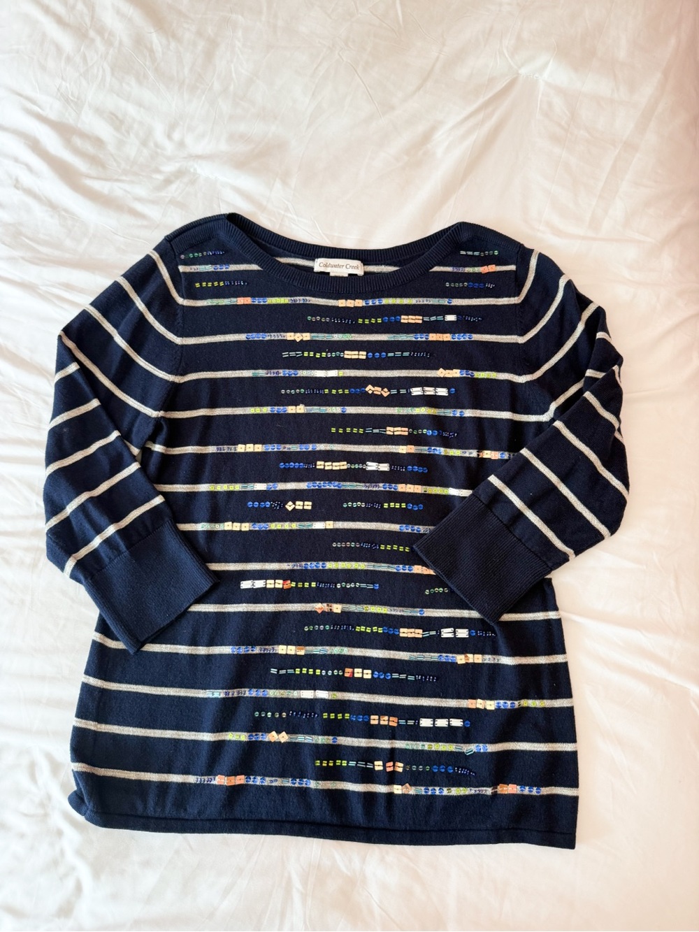 Coldwater Creek Navy Blue And White Striped Sequin 3/4 Sleeve Tee Size Medium